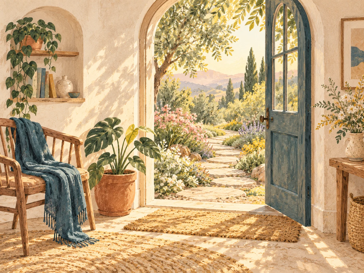 Ilustração sobre mudanças: uma porta azul aberta para um caminho tranquilo em um jardim